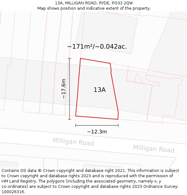 13A, MILLIGAN ROAD, RYDE, PO33 2QW: Plot and title map