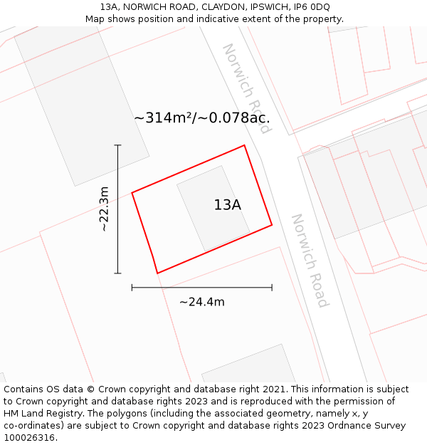 13A, NORWICH ROAD, CLAYDON, IPSWICH, IP6 0DQ: Plot and title map