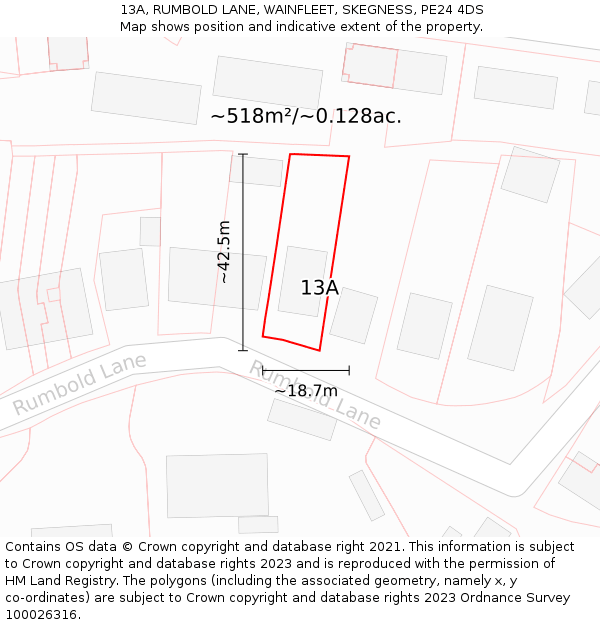 13A, RUMBOLD LANE, WAINFLEET, SKEGNESS, PE24 4DS: Plot and title map