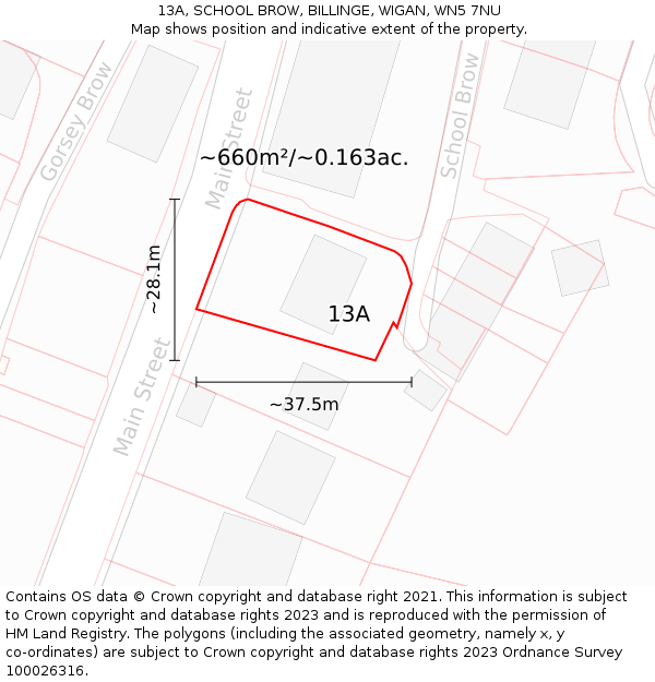 13A, SCHOOL BROW, BILLINGE, WIGAN, WN5 7NU: Plot and title map