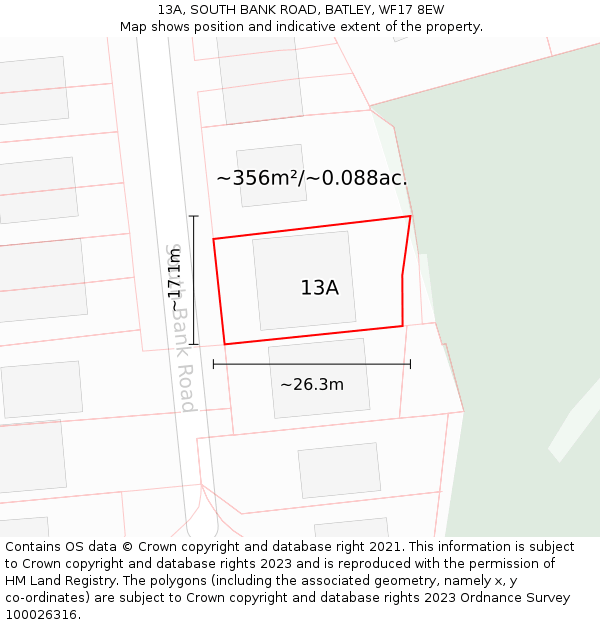 13A, SOUTH BANK ROAD, BATLEY, WF17 8EW: Plot and title map