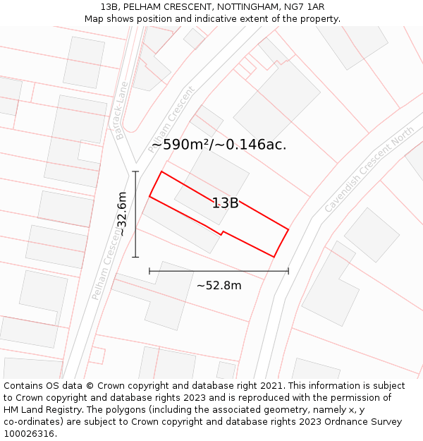 13B, PELHAM CRESCENT, NOTTINGHAM, NG7 1AR: Plot and title map