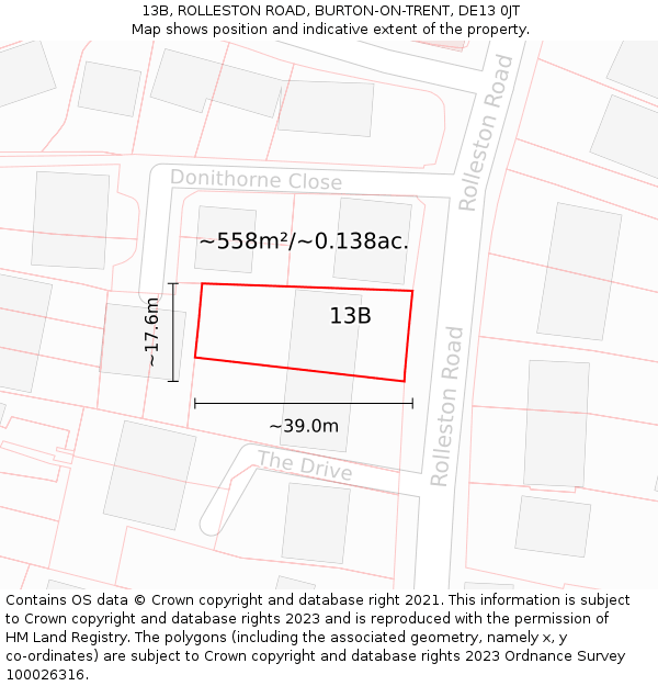 13B, ROLLESTON ROAD, BURTON-ON-TRENT, DE13 0JT: Plot and title map