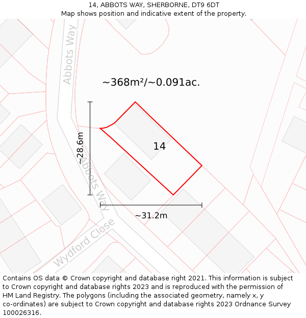 14, ABBOTS WAY, SHERBORNE, DT9 6DT: Plot and title map