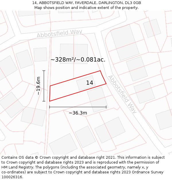 14, ABBOTSFIELD WAY, FAVERDALE, DARLINGTON, DL3 0GB: Plot and title map