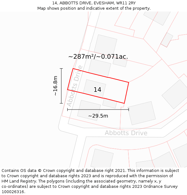 14, ABBOTTS DRIVE, EVESHAM, WR11 2RY: Plot and title map