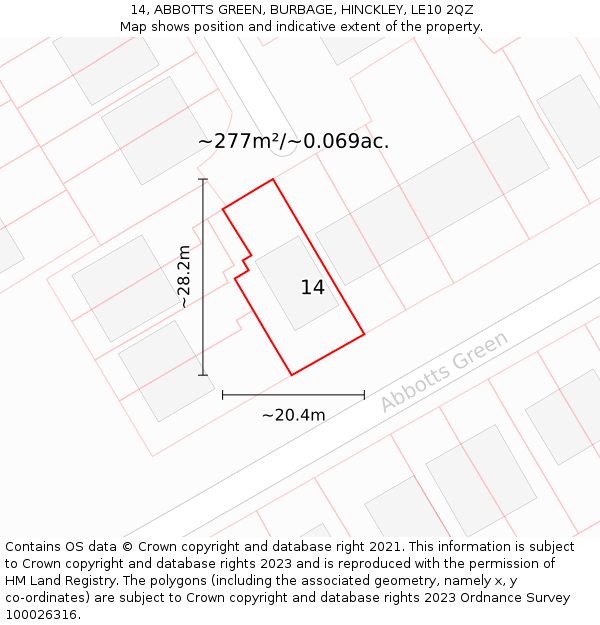 14, ABBOTTS GREEN, BURBAGE, HINCKLEY, LE10 2QZ: Plot and title map