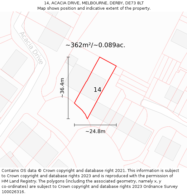 14, ACACIA DRIVE, MELBOURNE, DERBY, DE73 8LT: Plot and title map