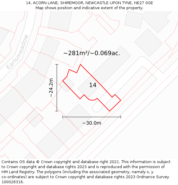 14, ACORN LANE, SHIREMOOR, NEWCASTLE UPON TYNE, NE27 0GE: Plot and title map