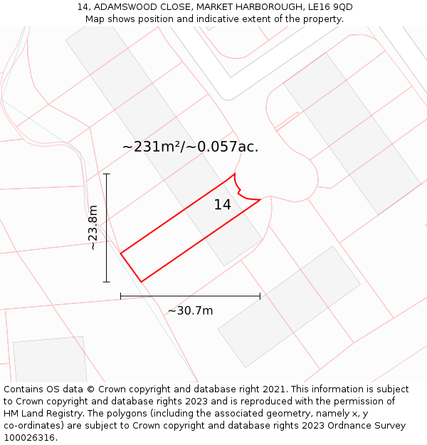 14, ADAMSWOOD CLOSE, MARKET HARBOROUGH, LE16 9QD: Plot and title map