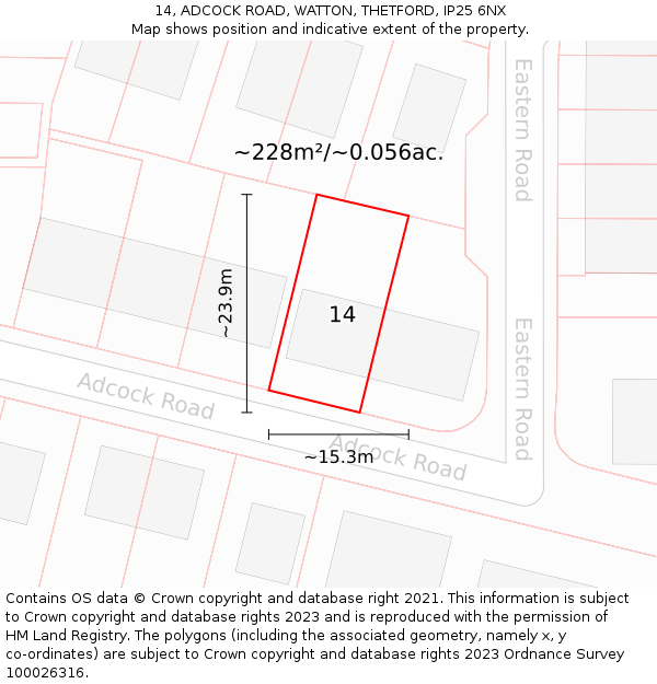 14, ADCOCK ROAD, WATTON, THETFORD, IP25 6NX: Plot and title map