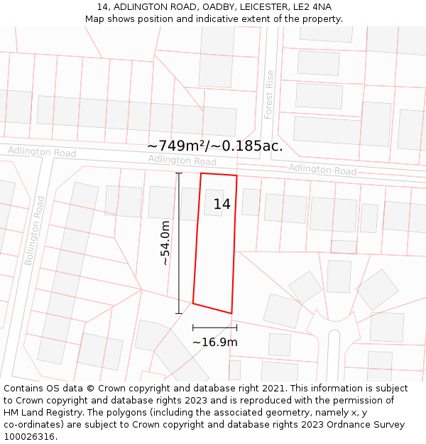 14, ADLINGTON ROAD, OADBY, LEICESTER, LE2 4NA: Plot and title map