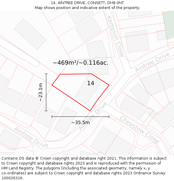 14, AINTREE DRIVE, CONSETT, DH8 0NT: Plot and title map