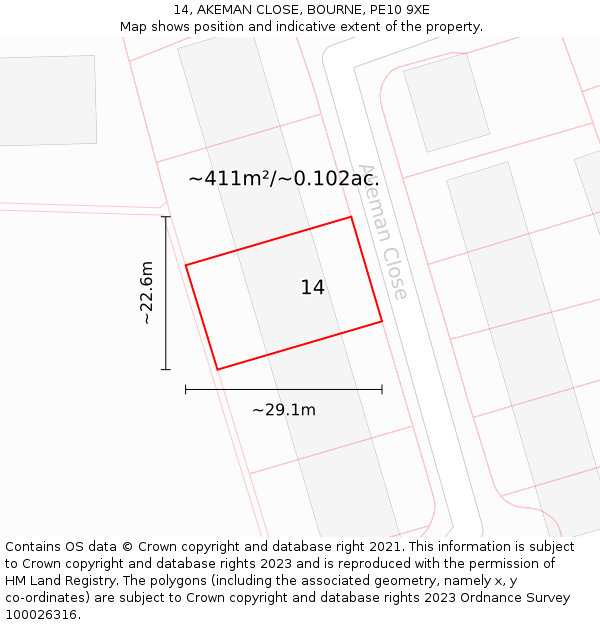 14, AKEMAN CLOSE, BOURNE, PE10 9XE: Plot and title map