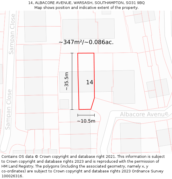 14, ALBACORE AVENUE, WARSASH, SOUTHAMPTON, SO31 9BQ: Plot and title map