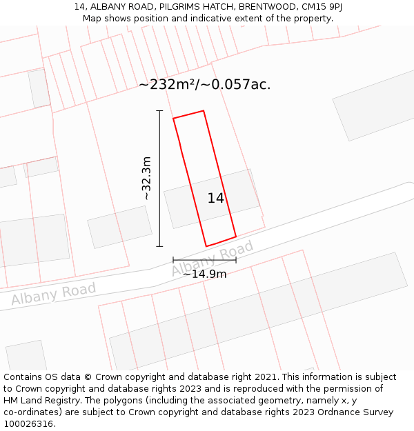 14, ALBANY ROAD, PILGRIMS HATCH, BRENTWOOD, CM15 9PJ: Plot and title map
