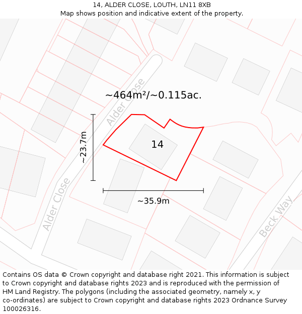 14, ALDER CLOSE, LOUTH, LN11 8XB: Plot and title map