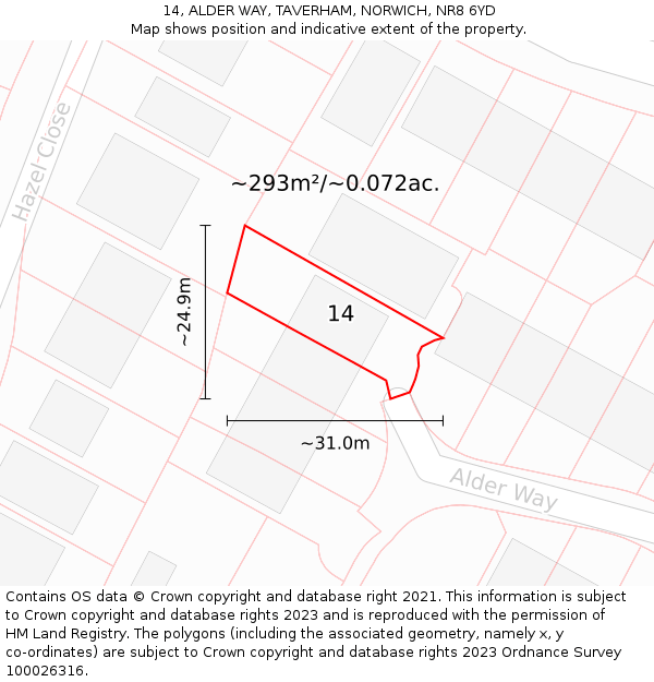 14, ALDER WAY, TAVERHAM, NORWICH, NR8 6YD: Plot and title map