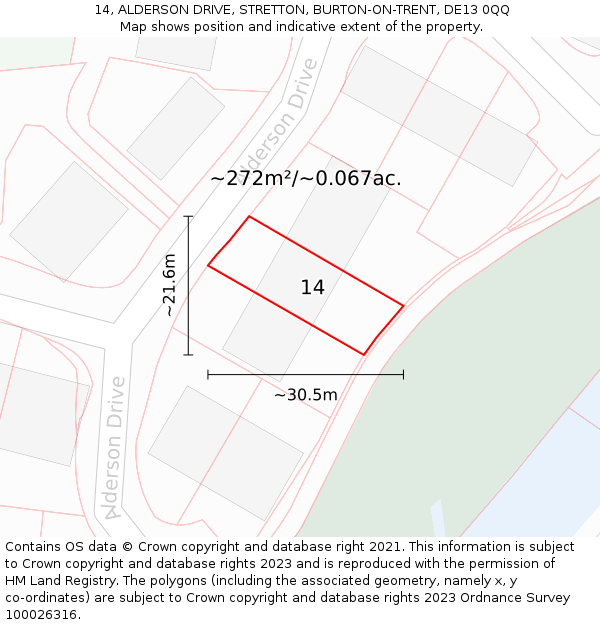 14, ALDERSON DRIVE, STRETTON, BURTON-ON-TRENT, DE13 0QQ: Plot and title map