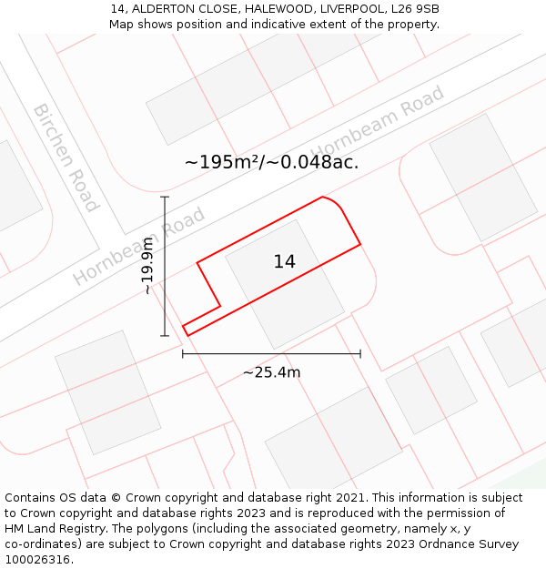 14, ALDERTON CLOSE, HALEWOOD, LIVERPOOL, L26 9SB: Plot and title map