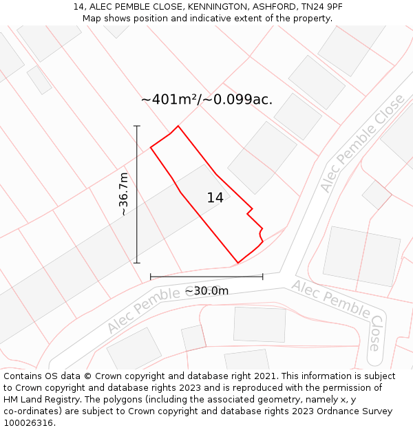 14, ALEC PEMBLE CLOSE, KENNINGTON, ASHFORD, TN24 9PF: Plot and title map