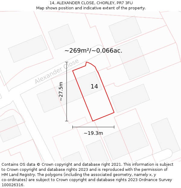 14, ALEXANDER CLOSE, CHORLEY, PR7 3FU: Plot and title map