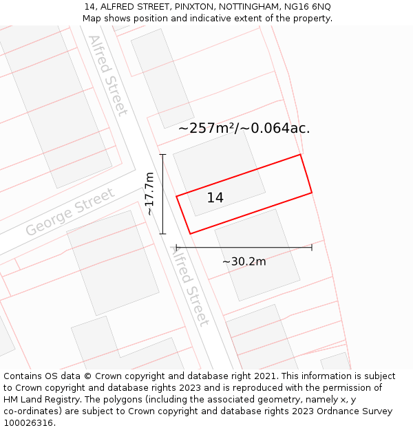 14, ALFRED STREET, PINXTON, NOTTINGHAM, NG16 6NQ: Plot and title map