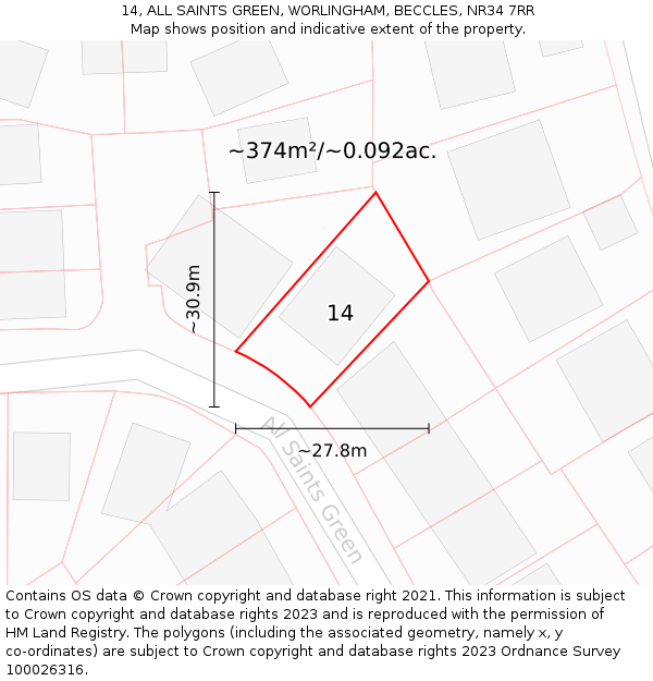 14, ALL SAINTS GREEN, WORLINGHAM, BECCLES, NR34 7RR: Plot and title map