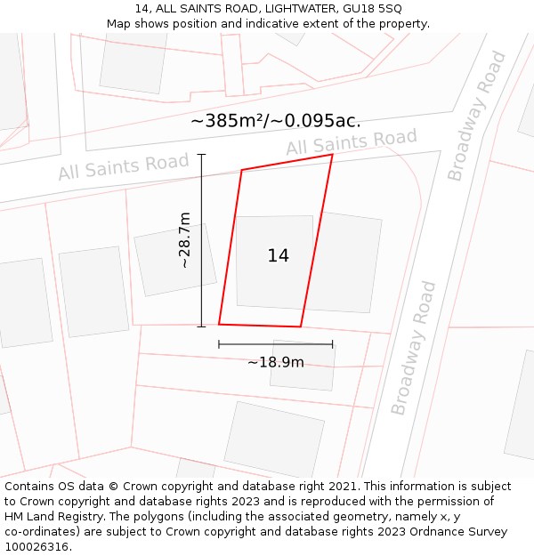 14, ALL SAINTS ROAD, LIGHTWATER, GU18 5SQ: Plot and title map