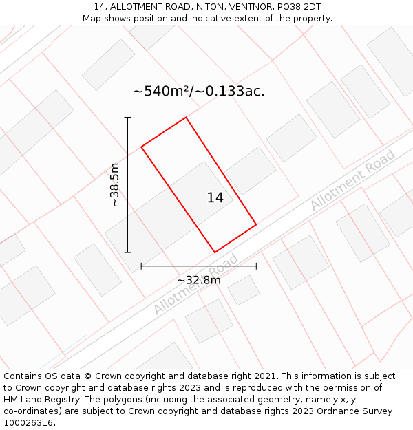 14, ALLOTMENT ROAD, NITON, VENTNOR, PO38 2DT: Plot and title map