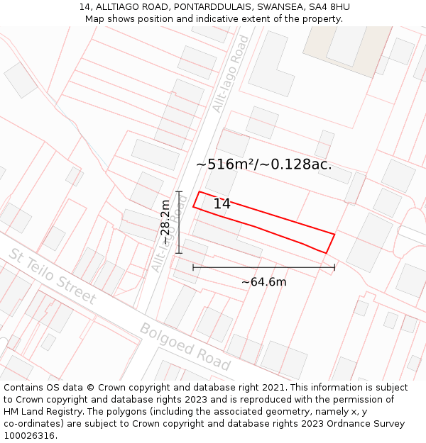 14, ALLTIAGO ROAD, PONTARDDULAIS, SWANSEA, SA4 8HU: Plot and title map