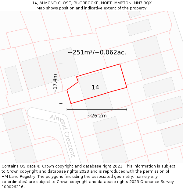 14, ALMOND CLOSE, BUGBROOKE, NORTHAMPTON, NN7 3QX: Plot and title map