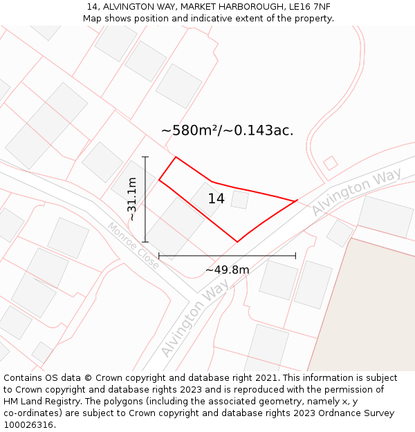 14, ALVINGTON WAY, MARKET HARBOROUGH, LE16 7NF: Plot and title map