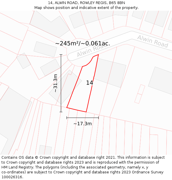 14, ALWIN ROAD, ROWLEY REGIS, B65 8BN: Plot and title map