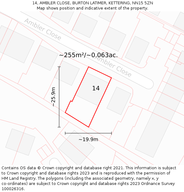 14, AMBLER CLOSE, BURTON LATIMER, KETTERING, NN15 5ZN: Plot and title map