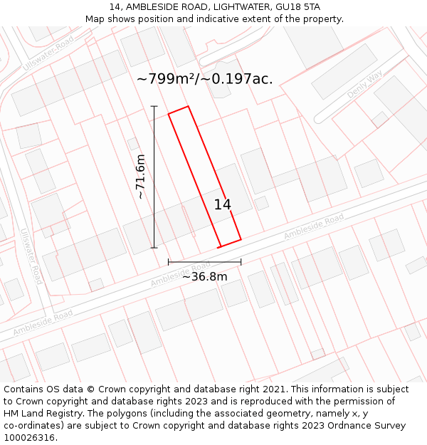 14, AMBLESIDE ROAD, LIGHTWATER, GU18 5TA: Plot and title map