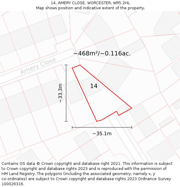 14, AMERY CLOSE, WORCESTER, WR5 2HL: Plot and title map