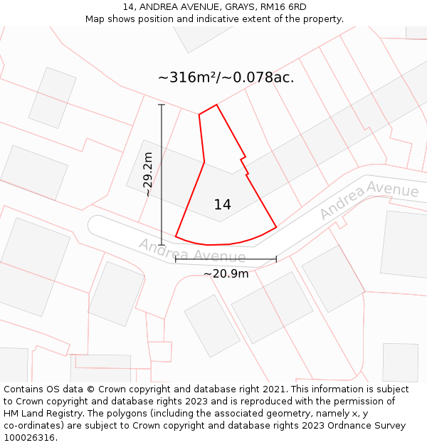 14, ANDREA AVENUE, GRAYS, RM16 6RD: Plot and title map