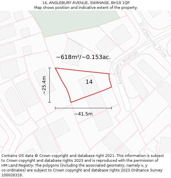 14, ANGLEBURY AVENUE, SWANAGE, BH19 1QP: Plot and title map