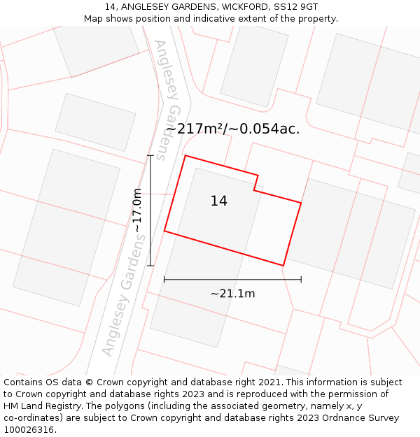 14, ANGLESEY GARDENS, WICKFORD, SS12 9GT: Plot and title map
