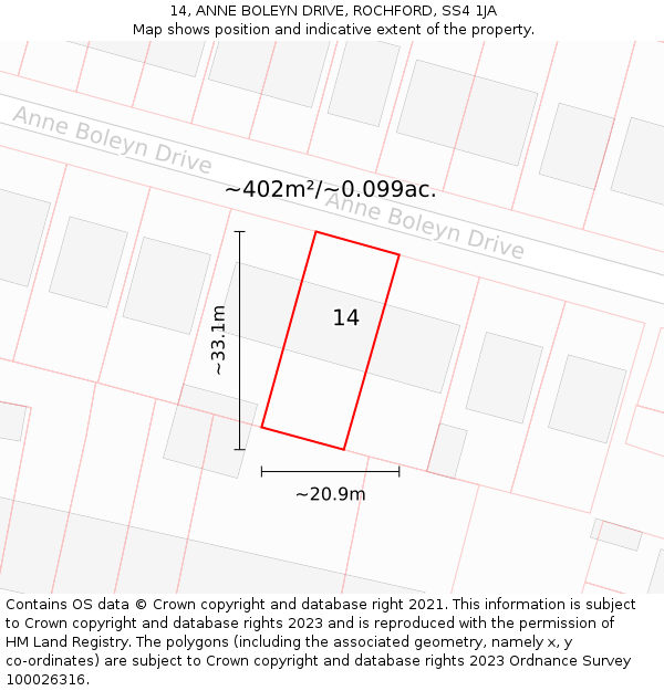 14, ANNE BOLEYN DRIVE, ROCHFORD, SS4 1JA: Plot and title map