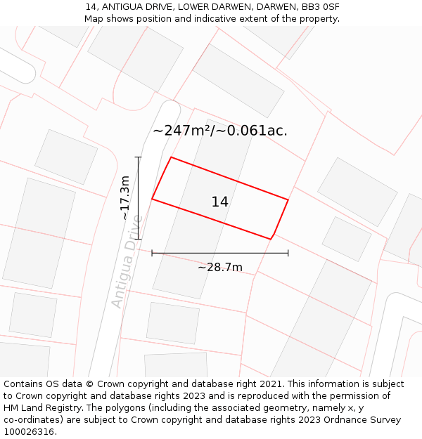 14, ANTIGUA DRIVE, LOWER DARWEN, DARWEN, BB3 0SF: Plot and title map