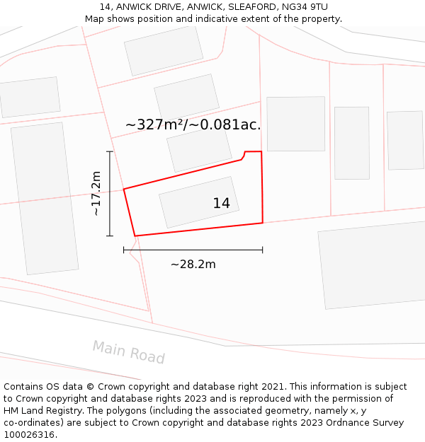 14, ANWICK DRIVE, ANWICK, SLEAFORD, NG34 9TU: Plot and title map