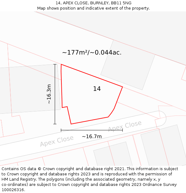 14, APEX CLOSE, BURNLEY, BB11 5NG: Plot and title map