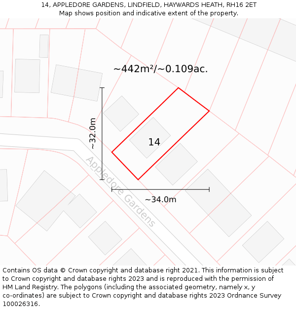 14, APPLEDORE GARDENS, LINDFIELD, HAYWARDS HEATH, RH16 2ET: Plot and title map
