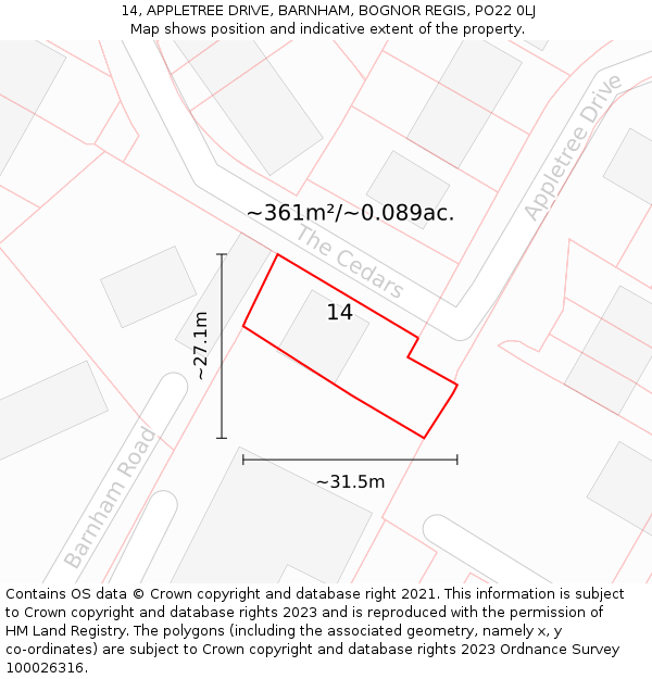 14, APPLETREE DRIVE, BARNHAM, BOGNOR REGIS, PO22 0LJ: Plot and title map