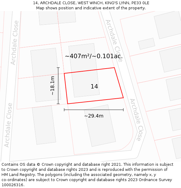 14, ARCHDALE CLOSE, WEST WINCH, KING'S LYNN, PE33 0LE: Plot and title map