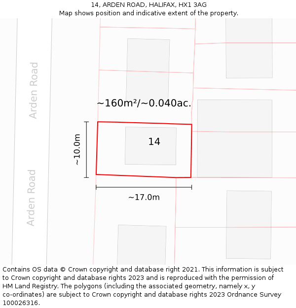 14, ARDEN ROAD, HALIFAX, HX1 3AG: Plot and title map