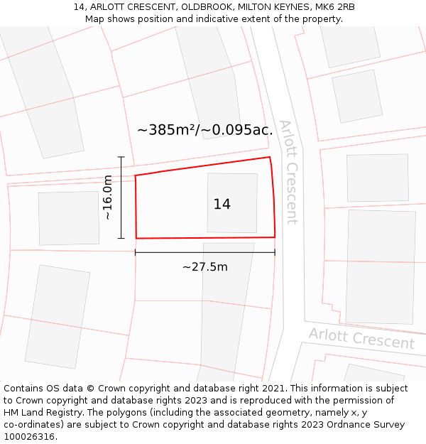 14, ARLOTT CRESCENT, OLDBROOK, MILTON KEYNES, MK6 2RB: Plot and title map