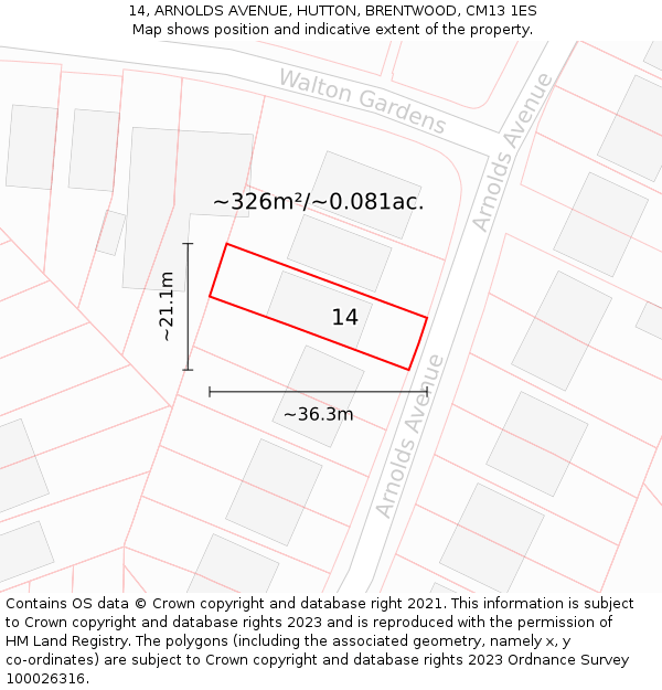 14, ARNOLDS AVENUE, HUTTON, BRENTWOOD, CM13 1ES: Plot and title map
